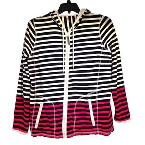 Talbots Striped Black, White, and Red Zip-Up Hoodie Size X EUC